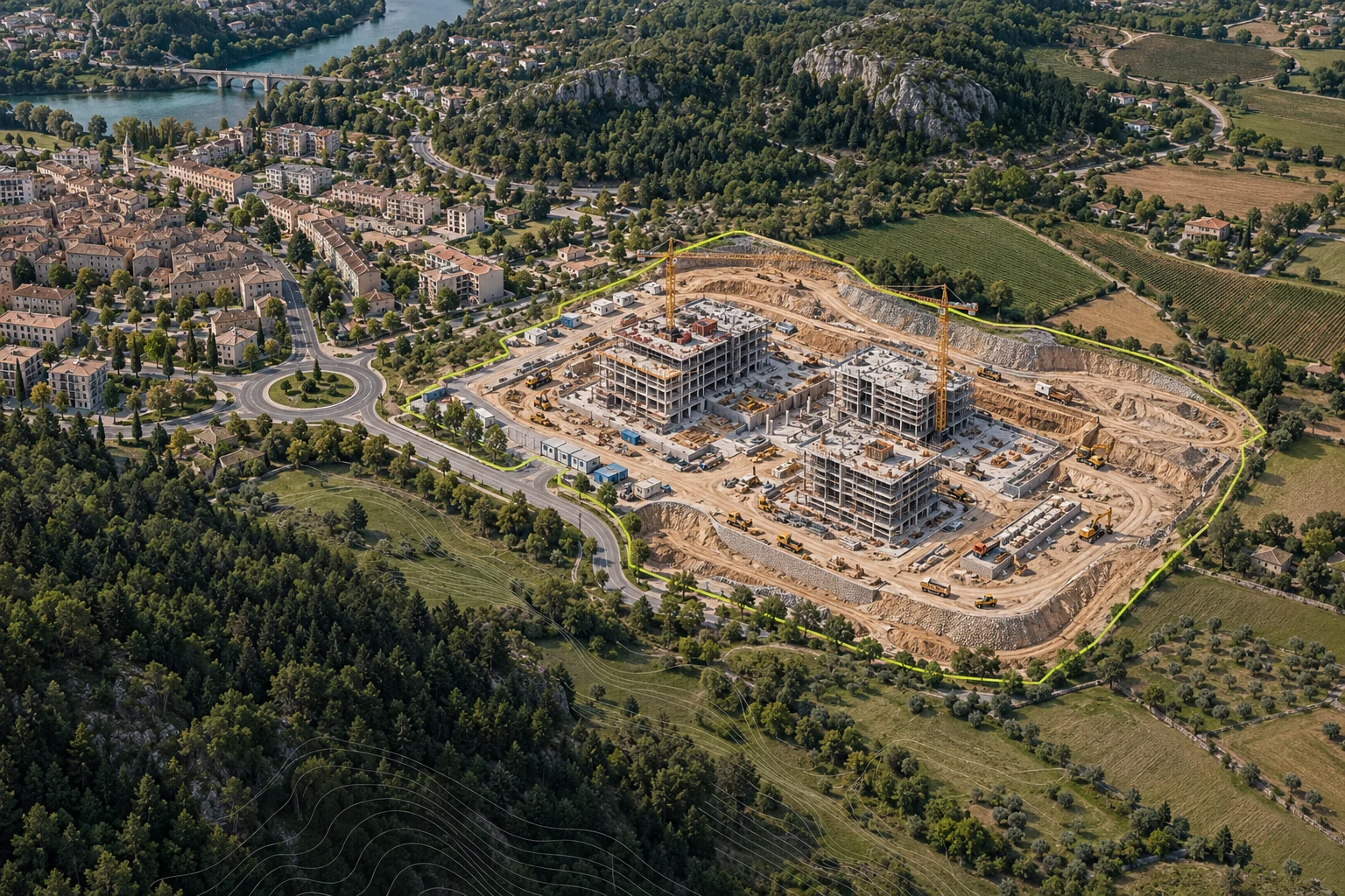 AI-generated illustration of a detailed construction survey site aligned with its surrounding roads, town, fields and terrain